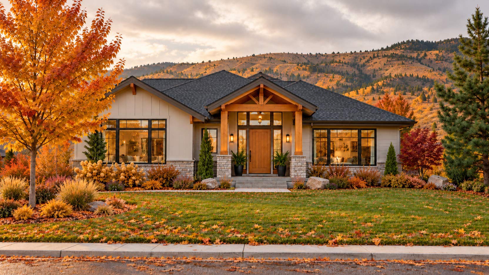 The same home surrounded by golden autumn leaves