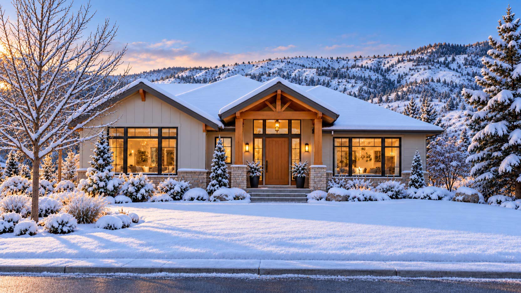 The same home in winter, with snow and warmly lit windows