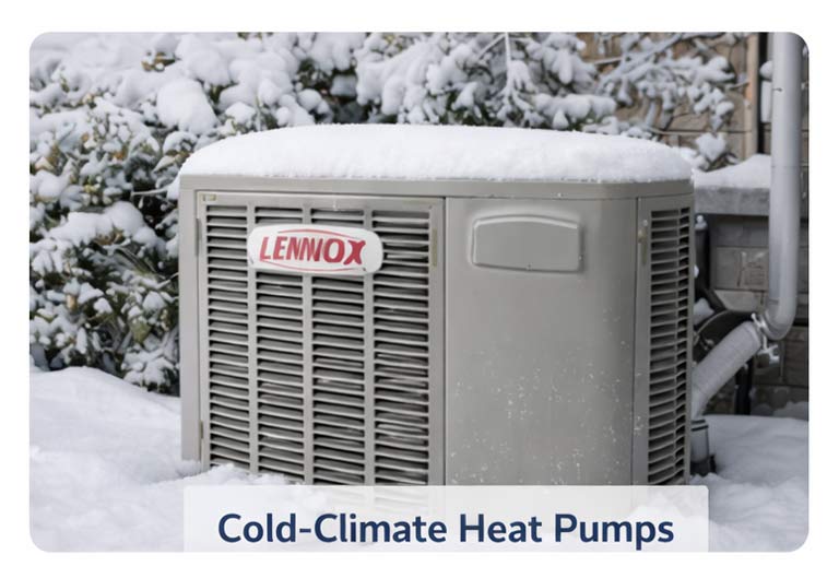 Cold-climate outdoor heat pump unit in snow