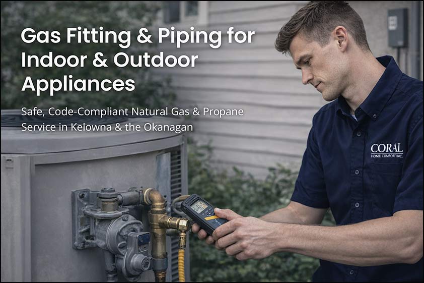 Natural gas and propane gas fitting service in Kelowna—technician inspecting and testing a residential gas connection