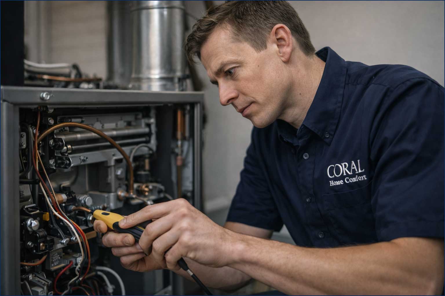Coral Home Comfort technician repairing a furnace in Kelowna