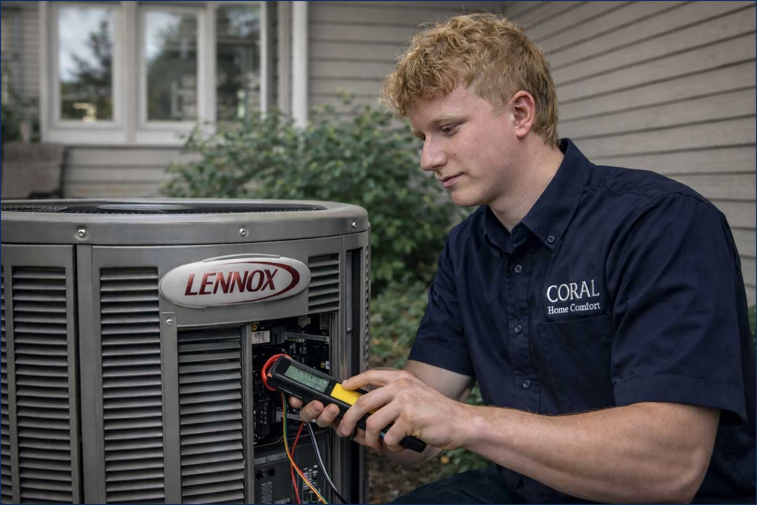 HVAC technician performing preventative maintenance on an air conditioner