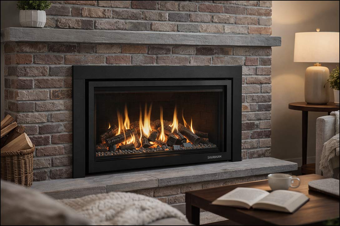 Savannah gas fireplace insert installed in an existing fireplace opening
